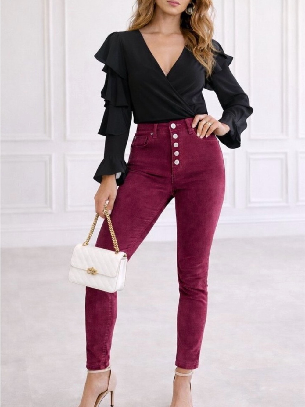 Alice + Olivia AO.LA High-Waist velvet Skinny Pants in Wine, size 30